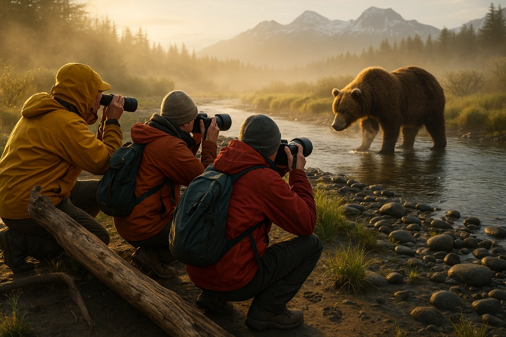 Wildlife enthusiasts in rain jackets observe a coastal brown bear across a misty Alaskan riverbank at sunrise near Anchorage. The group kneels behind driftwood, using binoculars and cameras, surrounded by wet grass, paw prints, and mountains in the background.