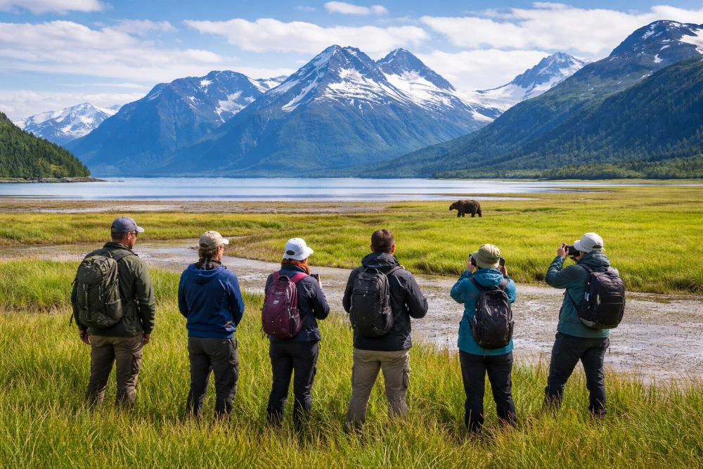 Small guided group on a full-day Alaska bear viewing tour watching a brown bear in Chinitna Bay, Lake Clark National Park.