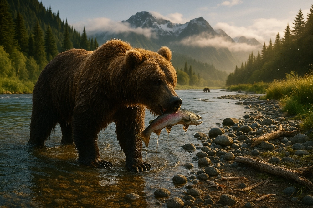 A brown bear stands in a clear Alaskan river, holding a salmon in its jaws, golden light illuminating mist, lush forests, snow-capped mountains, and distant fishing bears, conveying the awe and wildness of bear viewing in Alaska’s untouched wilderness.