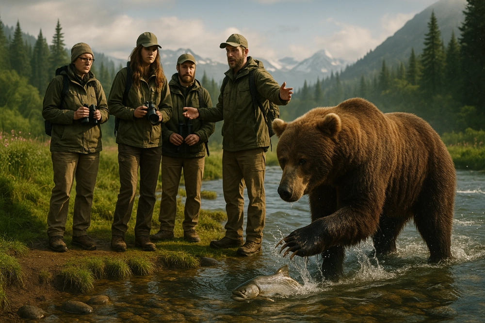 Four travelers watch a brown bear fishing for salmon on a mossy Alaskan riverbank, guided by an expert. Misty forests, wildflowers, and snow-capped mountains surround the group, capturing an intimate and authentic wildlife viewing experience in vibrant summer wilderness.