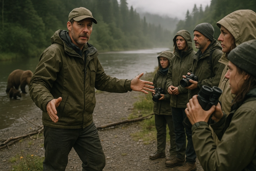 A professional guide leads a diverse group of tourists on a bear viewing expedition in Alaska, ensuring safety as they observe a grizzly bear and cubs from a distance amid a misty riverbank and forested backdrop.